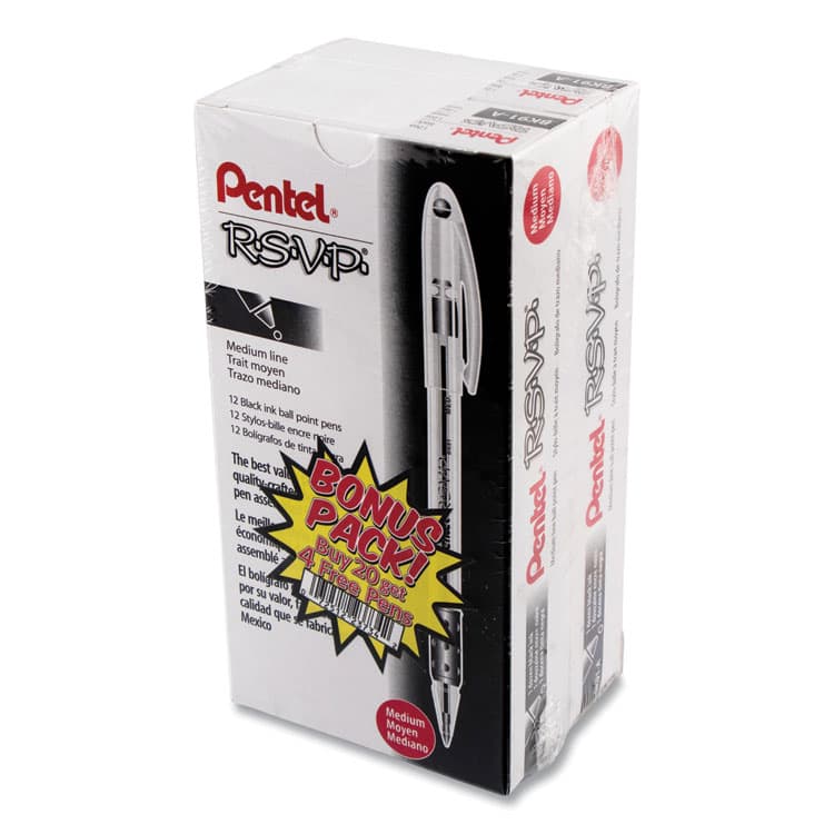 PENTEL OF AMERICA R.S.V.P. Ballpoint Pen Value Pack, Stick, Medium 1 mm, Black Ink, Clear/Black Barrel, 24/Pack (PENBK91ASWUS)