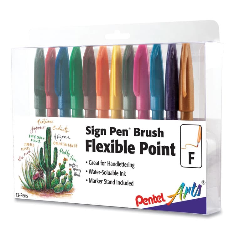 PENTEL OF AMERICA Sign Pen Brush Flexible Point Marker Pen, Fine Brush Tip, Assorted Colors, Dozen (PENSES15CPC12)