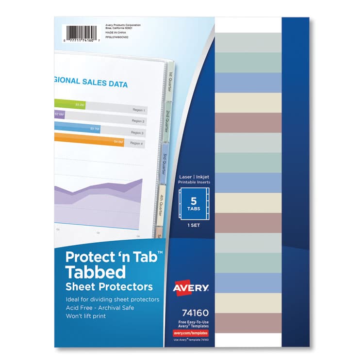 AVERY PRODUCTS CORPORATION Protect 'n Tab Sheet Protectors, 5-Tabs, Heavy-Duty, Side: 3-Hole Punched, Top Load 8.5 x 11 Insert, Clear, 5/Set (AVE74160)