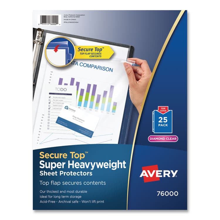 AVERY PRODUCTS CORPORATION Secure Top Super Heavyweight Diamond Clear Sheet Protector, Side: 3-Hole Punched, Top Load 8.5 x 11 Insert, Clear, 25/Pack (AVE76000)