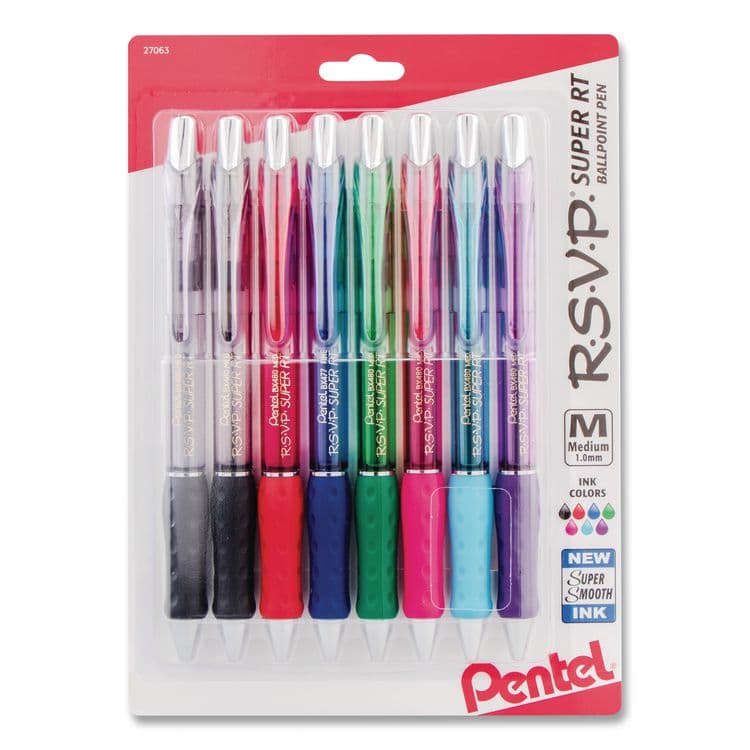 PENTEL OF AMERICA R.S.V.P. Super RT Ballpoint Pen, Retractable, Medium 1 mm, Assorted Ink and Barrel Colors, 8/Pack (PENBX480BP8M)