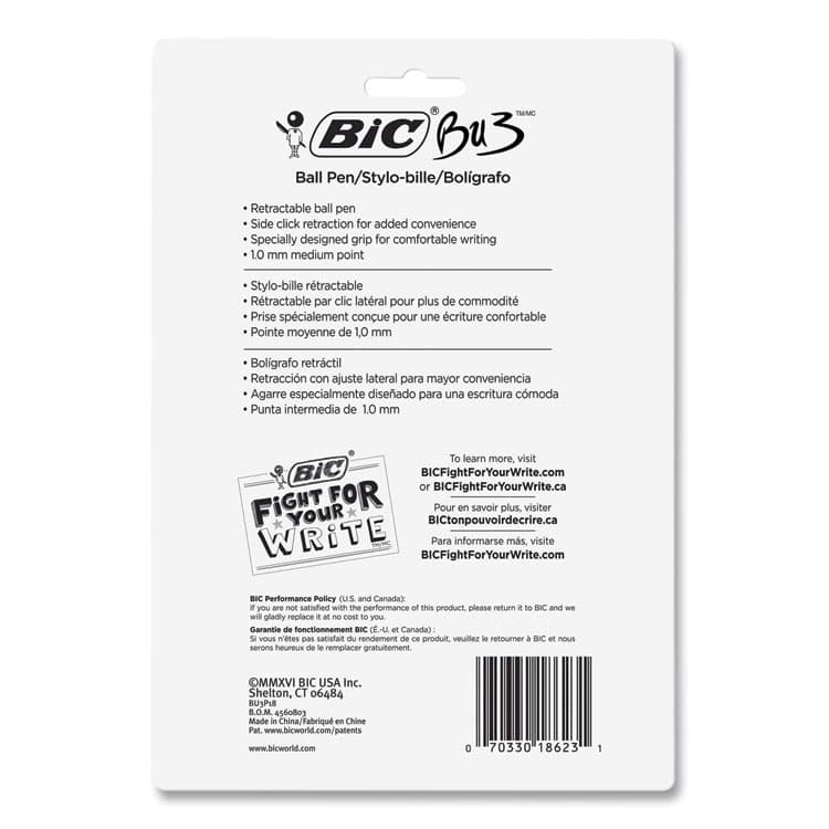 BIC CORP. BU3 Ballpoint Pen, Retractable, Medium 1 mm, Black Ink, Smoke/Black Barrel, 18/Pack (BICBU3P18BLK) thumbnail 3