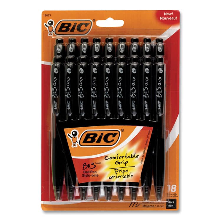 BIC CORP. BU3 Ballpoint Pen, Retractable, Medium 1 mm, Black Ink, Smoke/Black Barrel, 18/Pack (BICBU3P18BLK) thumbnail 2
