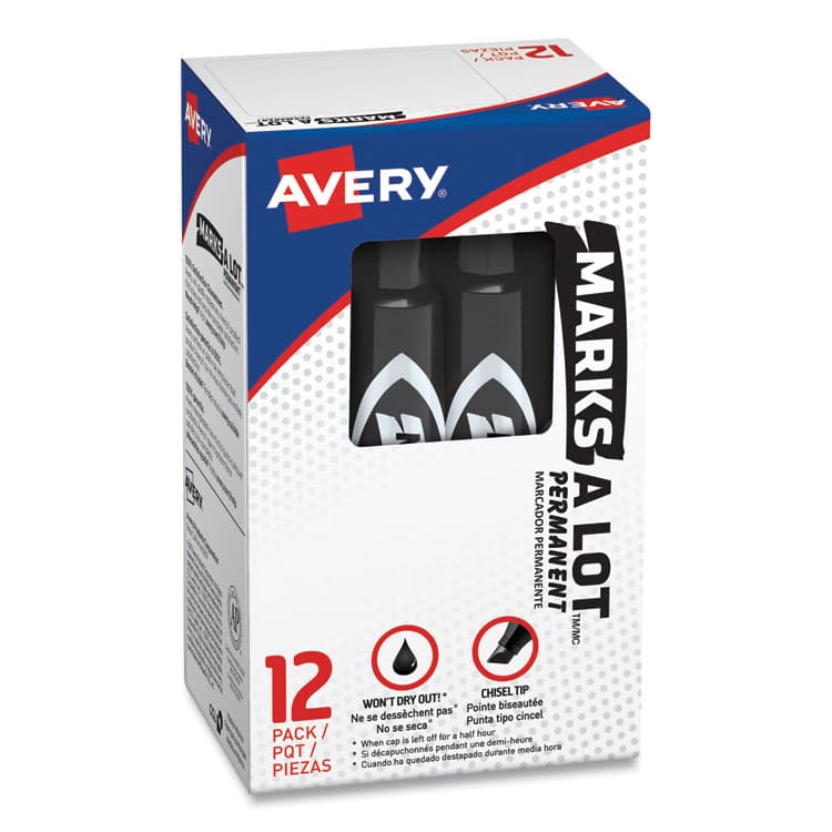 AVERY PRODUCTS CORPORATION MARKS A LOT Regular Desk-Style Permanent Marker, Broad Chisel Tip, Black, Dozen (7888) (AVE07888)