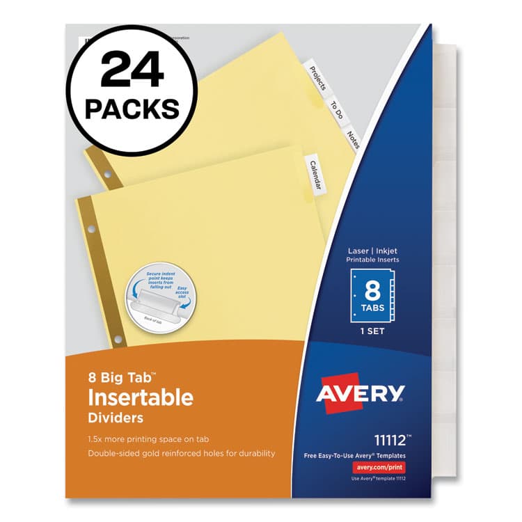 AVERY PRODUCTS CORPORATION Insertable Big Tab Dividers, 8-Tab, Double-Sided Gold Edge Reinforcing, 11 x 8.5, Buff, Clear Tabs, 24 Sets (AVE11115)