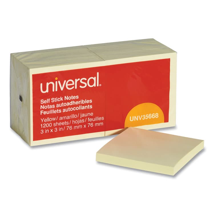 UNIVERSAL OFFICE PRODUCTS Self-Stick Note Pads, 3" x 3", Yellow, 100 Sheets/Pad, 12 Pads/Pack (UNV35668)