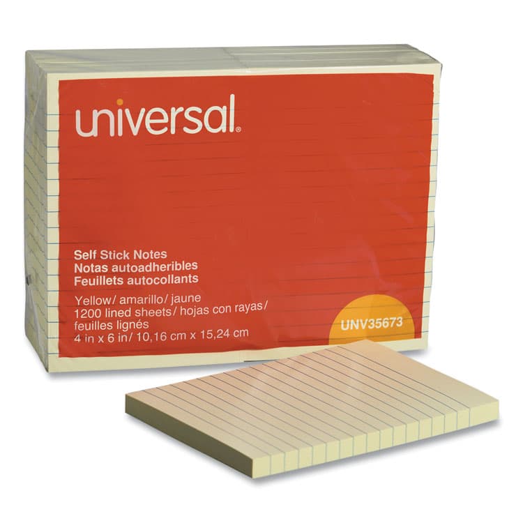 UNIVERSAL OFFICE PRODUCTS Self-Stick Note Pads, Note Ruled, 4" x 6", Yellow, 100 Sheets/Pad, 12 Pads/Pack (UNV35673)