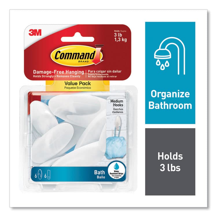 3M/COMMERCIAL TAPE DIV. Medium Bath Hooks Value Pack, Plastic, White, 3 lb Capacity, 6 Hooks and 6 Strips (MMMBATH186ES)