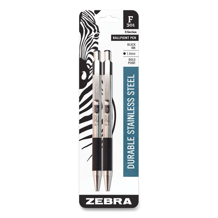 ZEBRA PEN CORP. F-301 Ballpoint Pen, Retractable, Bold 1.6 mm, Black Ink, Stainless Steel/Black Barrel, 2/Pack (ZEB27312) thumbnail 2
