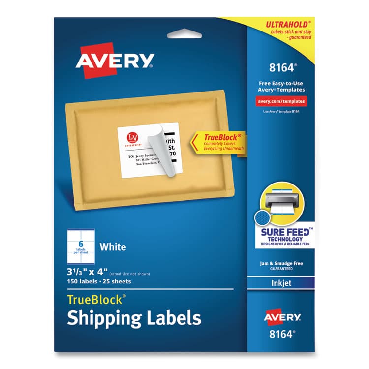 AVERY PRODUCTS CORPORATION Shipping Labels w/ TrueBlock Technology, Inkjet Printers, 3.33 x 4, White, 6/Sheet, 25 Sheets/Pack (AVE8164)