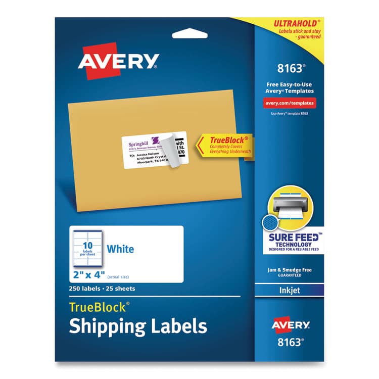 AVERY PRODUCTS CORPORATION Shipping Labels w/ TrueBlock Technology, Inkjet Printers, 2 x 4, White, 10/Sheet, 25 Sheets/Pack (AVE8163)