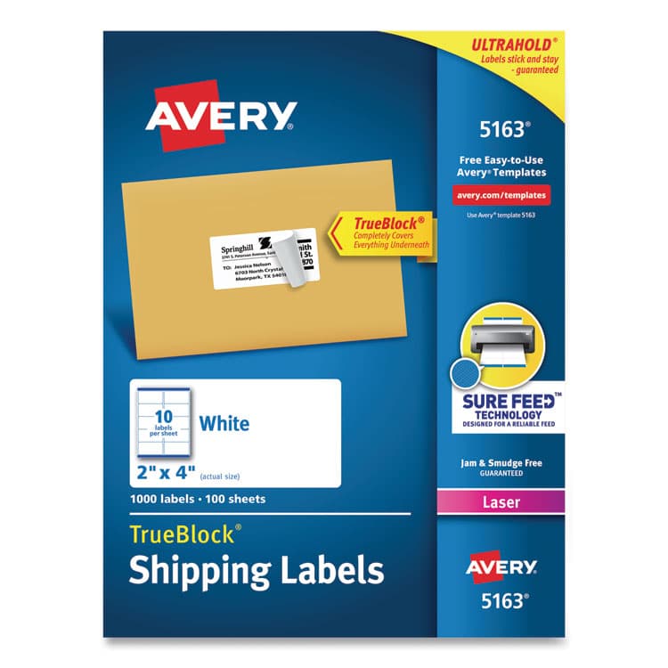 AVERY PRODUCTS CORPORATION Shipping Labels w/ TrueBlock Technology, Laser Printers, 2 x 4, White, 10/Sheet, 100 Sheets/Box (AVE5163)