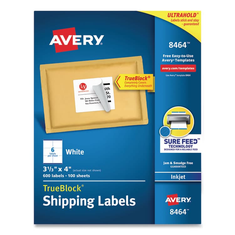 AVERY PRODUCTS CORPORATION Shipping Labels w/ TrueBlock Technology, Inkjet Printers, 3.33 x 4, White, 6/Sheet, 100 Sheets/Box (AVE8464)