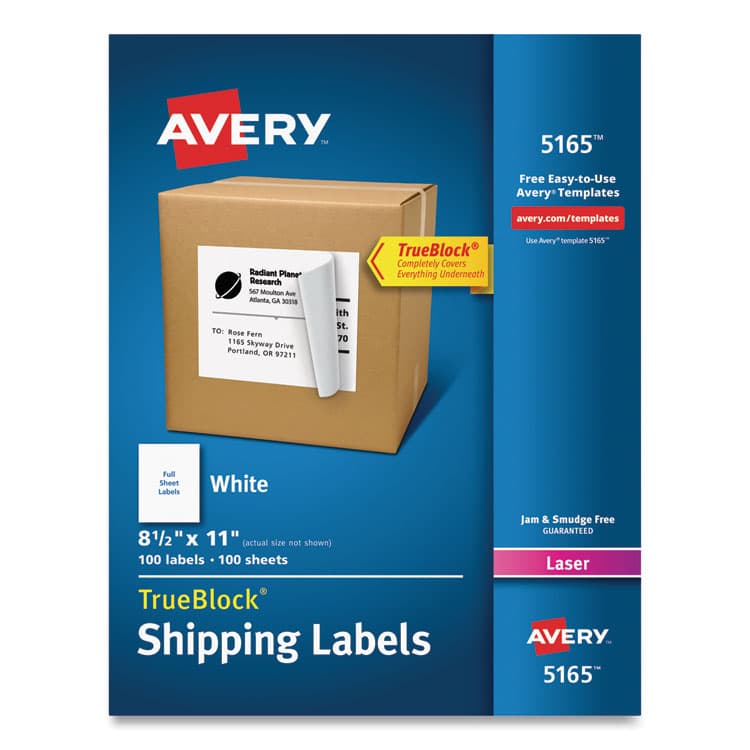 AVERY PRODUCTS CORPORATION Shipping Labels with TrueBlock Technology, Laser Printers, 8.5 x 11, White, 100/Box (AVE5165)