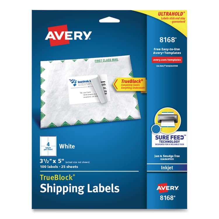 AVERY PRODUCTS CORPORATION Shipping Labels w/ TrueBlock Technology, Inkjet Printers, 3.5 x 5, White, 4/Sheet, 25 Sheets/Pack (AVE8168)