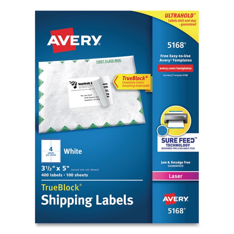 AVERY PRODUCTS CORPORATION Shipping Labels w/ TrueBlock Technology, Laser Printers, 3.5 x 5, White, 4/Sheet, 100 Sheets/Box (AVE5168)