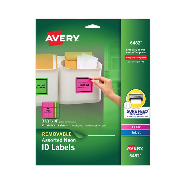 AVERY PRODUCTS CORPORATION High-Vis Removable Laser/Inkjet ID Labels w/ Sure Feed, 3.33 x 4, Neon, 72/PK (AVE6482)