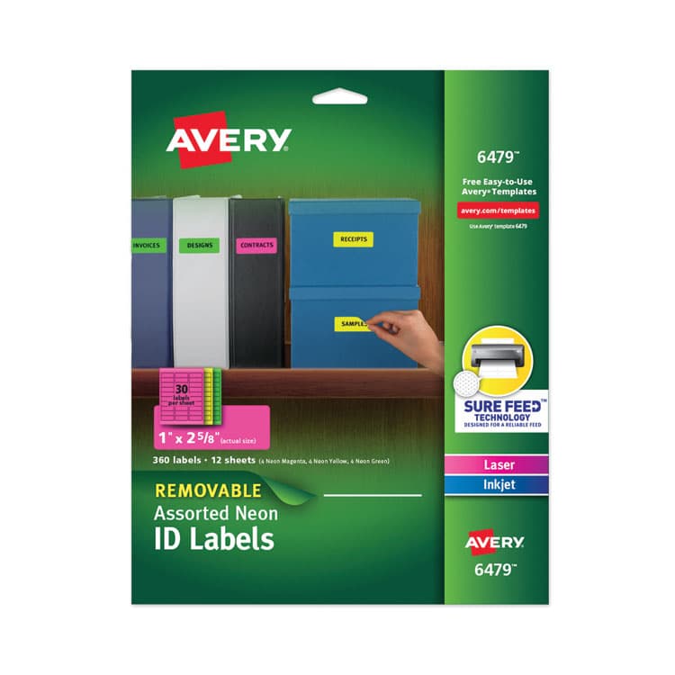 AVERY PRODUCTS CORPORATION High-Vis Removable Laser/Inkjet ID Labels w/ Sure Feed, 1 x 2.63, Neon, 360/PK (AVE6479)