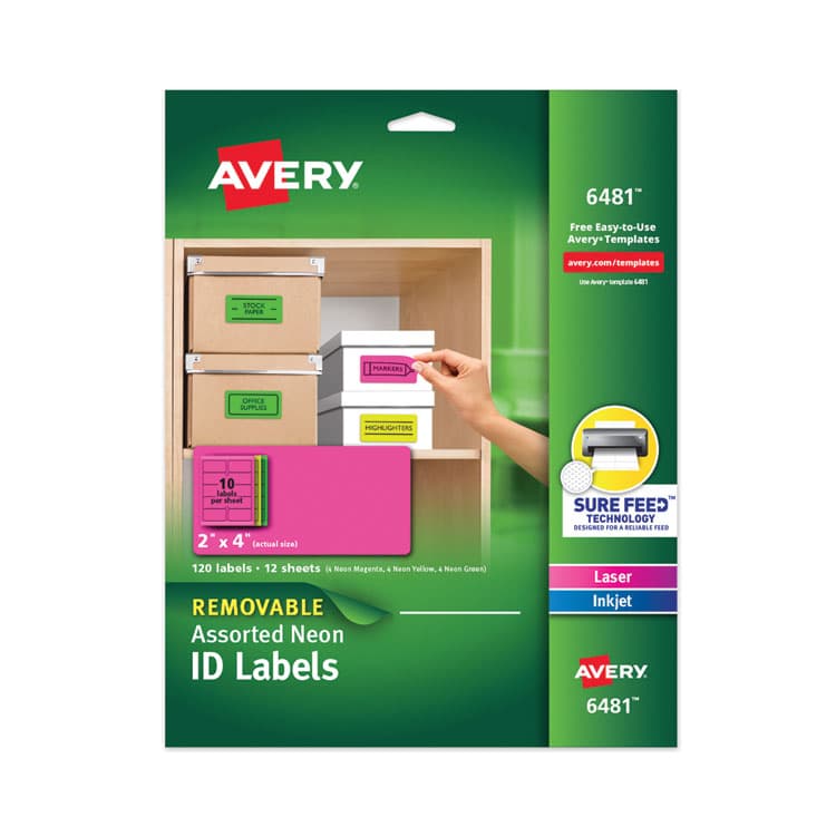AVERY PRODUCTS CORPORATION High-Vis Removable Laser/Inkjet ID Labels, 2 x 4, Asst. Neon, 120/Pack (AVE6481)