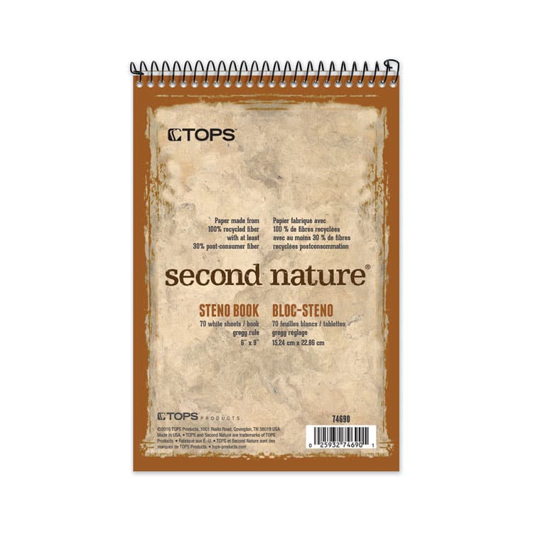 TOPS BUSINESS FORMS Second Nature Recycled Notepads, Brown Cover, Gregg Rule, (70) White 6 x 9 Sheets (TOP74690)
