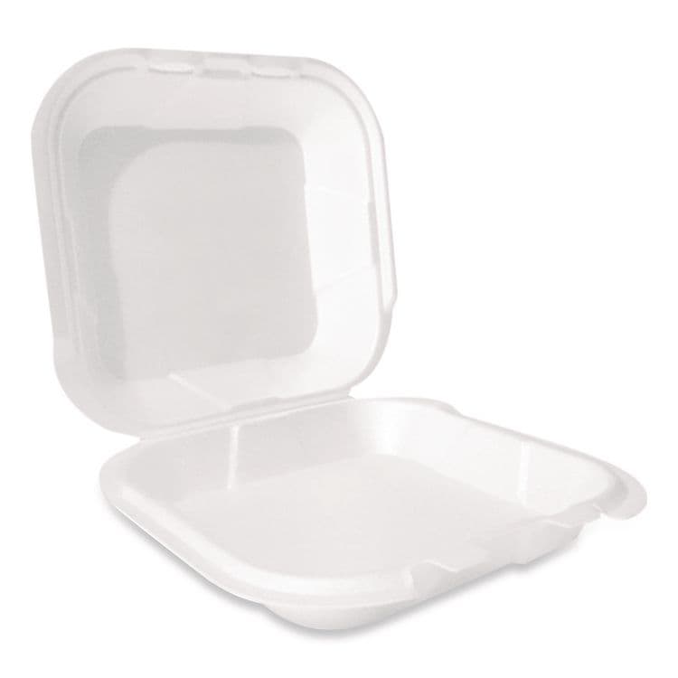 PLASTIFAR SA Foam Hinged Lid Container, Secure Two Tab Latch, Poly Bag, 9 x 9 x 3, White, 100/Bag, 2 Bags/Carton (PST12095)