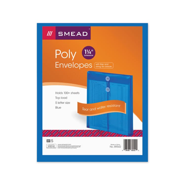 SMEAD MANUFACTURING CO. Poly String and Button Interoffice Envelopes, Open-End (Vertical), 9.75 x 11.63, Transparent Blue, 5/Pack (SMD89542) thumbnail 4