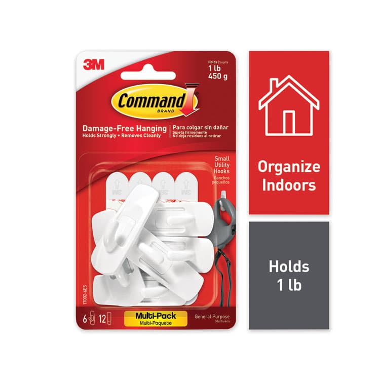 3M/COMMERCIAL TAPE DIV. Small Utility Hooks, Plastic, White, Supports 1 lb, 6/Pack (MMM70005128379)
