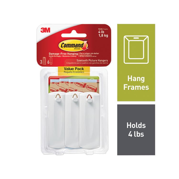3M/COMMERCIAL TAPE DIV. Sawtooth Picture Hanger Value Pack, Large, Plastic, White, 5 lb Capacity, 3 Hooks and 6 Strips/Pack (MMM70005152858)