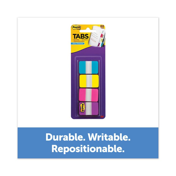 3M/COMMERCIAL TAPE DIV. 1" Wide Tabs with Dispenser, Aqua, Pink, Violet, Yellow, 88/Pack (MMM70005179216)