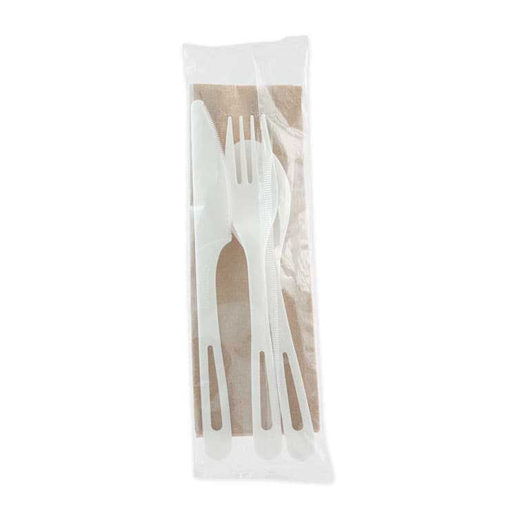WORLD CENTRIC TPLA Wrapped Cutlery, Fork/Knife/Napkin/Spoon, Plastic, Light Beige, 250/Carton (WORASPSTN)