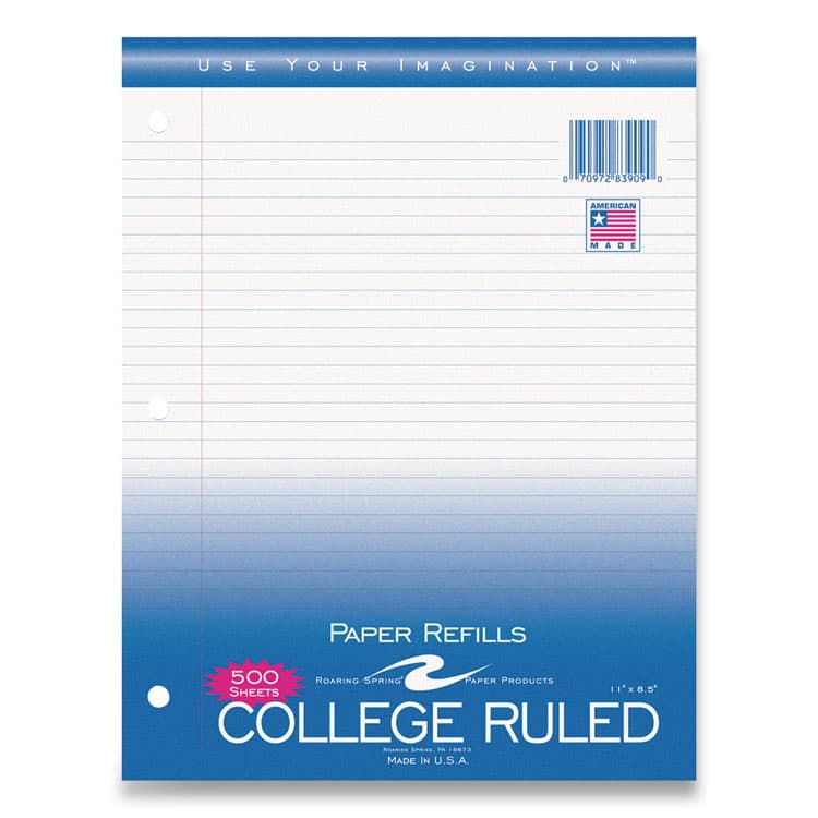 ROARING SPRING PAPER PRODUCTS Notebook Filler Paper, 8.5 x 11, College Rule, 500/Pack (ROA83909)