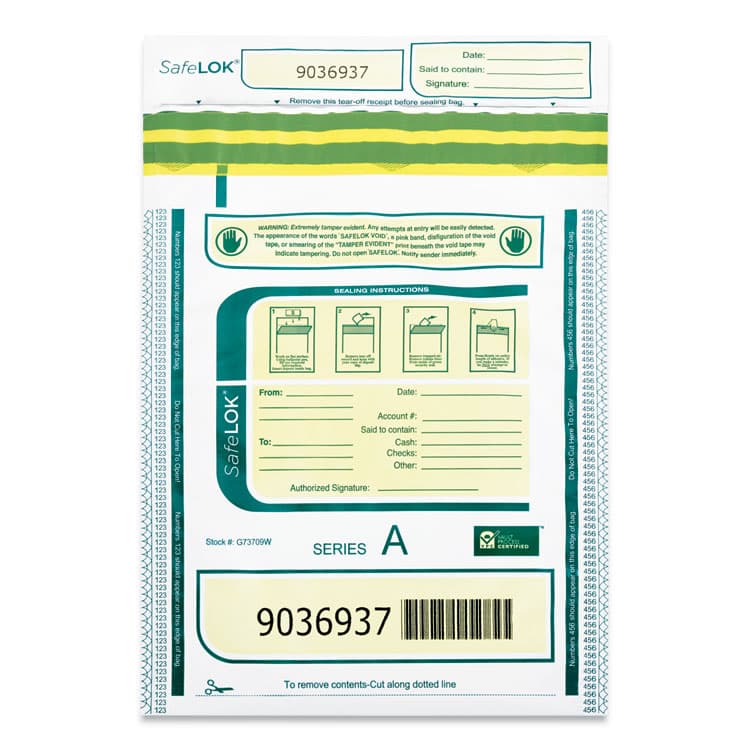 CONTROLTEK Deposit Bag, Plastic, 9" x 12", White/Green/Yellow, 100/Pack (CNK585089)