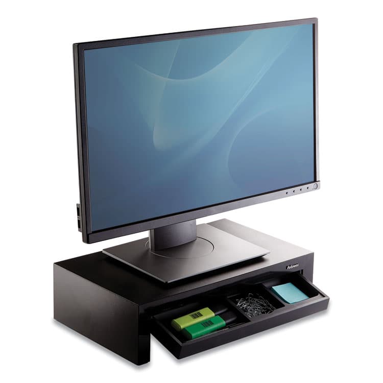 FELLOWES MFG. CO. Designer Suites Monitor Riser, For 21" Monitors, 16" x 9.38" x 4.38" to 6", Black Pearl, Supports 40 lbs (FEL8038101) thumbnail 3