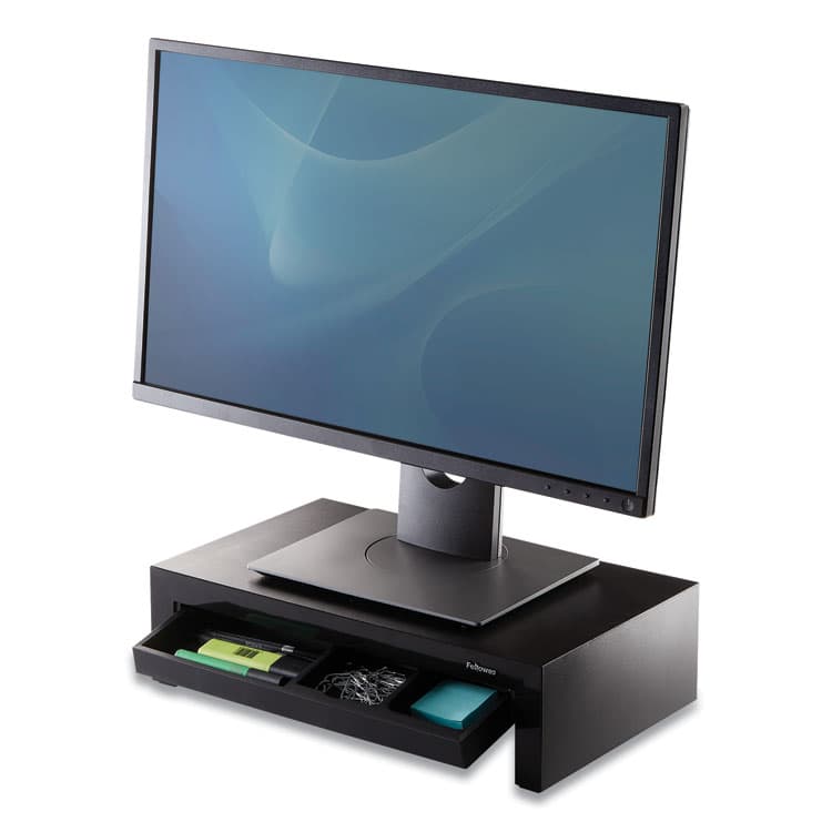 FELLOWES MFG. CO. Designer Suites Monitor Riser, For 21" Monitors, 16" x 9.38" x 4.38" to 6", Black Pearl, Supports 40 lbs (FEL8038101) thumbnail 2