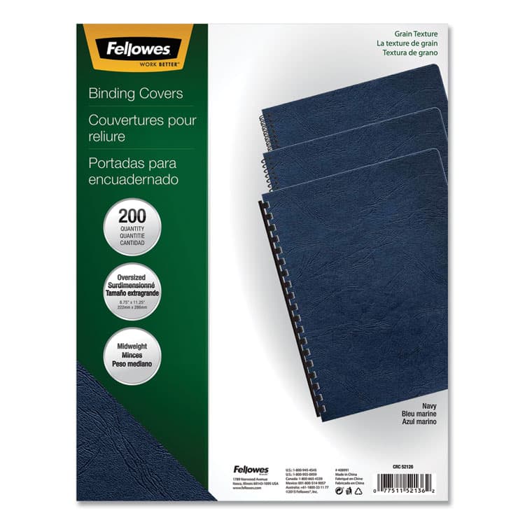 FELLOWES MFG. CO. Expressions Classic Grain Texture Presentation Covers for Binding Systems, Paper, Round Corners, 11.25 x 8.75, Navy, 200/Pack (FEL52136)