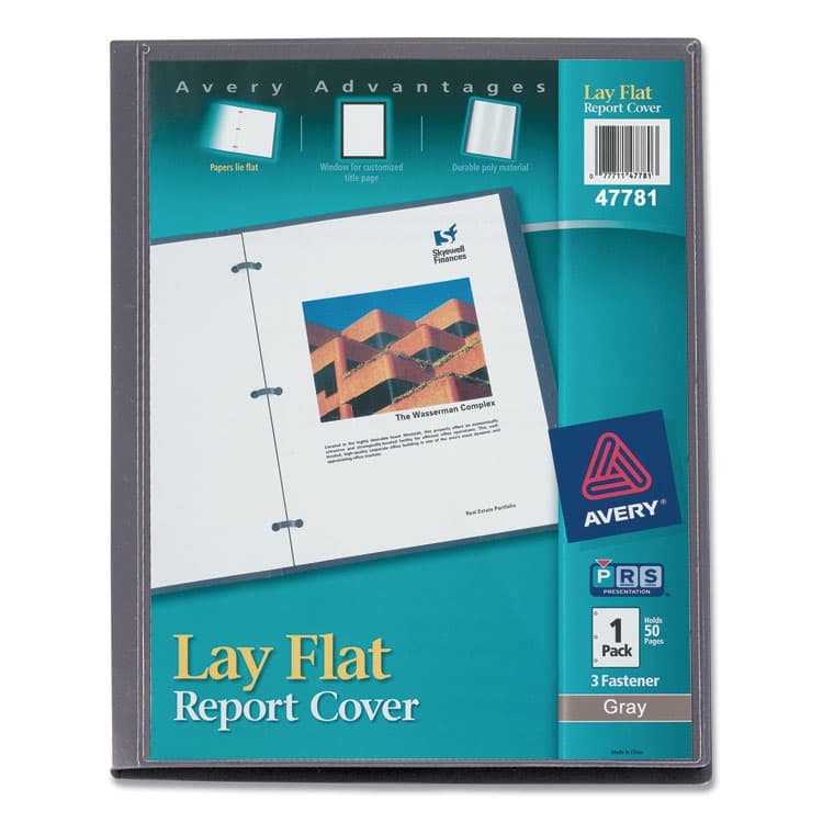 AVERY PRODUCTS CORPORATION Lay Flat View Report Cover, Flexible Fastener, 0.5" Capacity, 8.5 x 11, Clear/Gray (AVE47781)