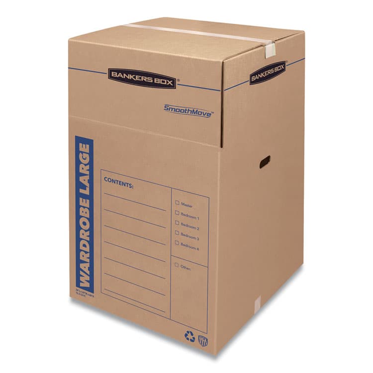 FELLOWES MFG. CO. SmoothMove Wardrobe Box, Regular Slotted Container (RSC), 24" x 24" x 40", Brown/Blue, 3/Carton (FEL7711001)