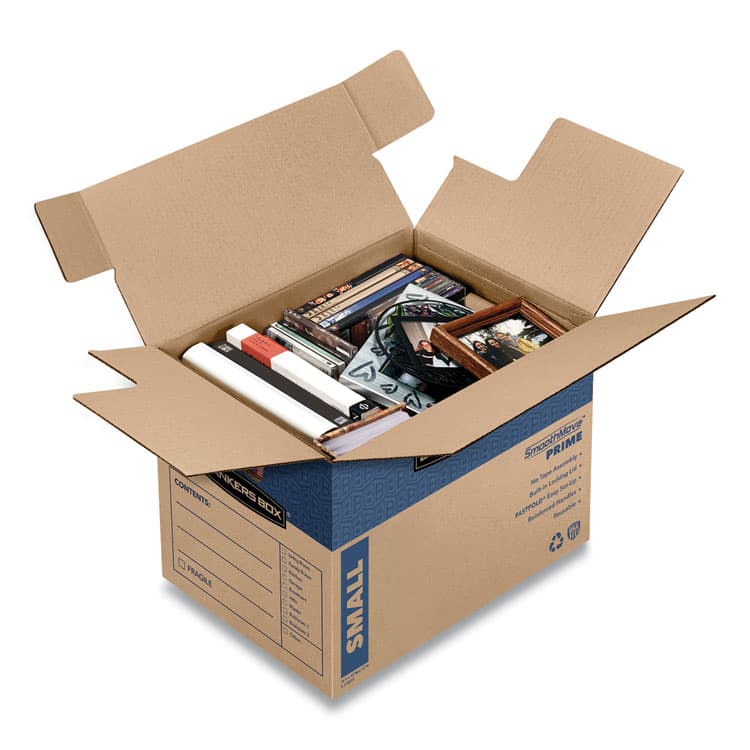 FELLOWES MFG. CO. SmoothMove Prime Moving/Storage Boxes, Hinged Lid, Regular Slotted Container, Small, 12" x 16" x 12", Brown/Blue, 10/Carton (FEL0062701) thumbnail 2