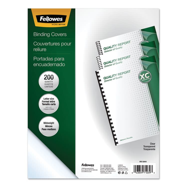 FELLOWES MFG. CO. Crystals Transparent Presentation Covers for Binding Systems, Plastic, Square Corners, 11 x 8.5, Gloss Clear, 200/Pack (FEL5204303)