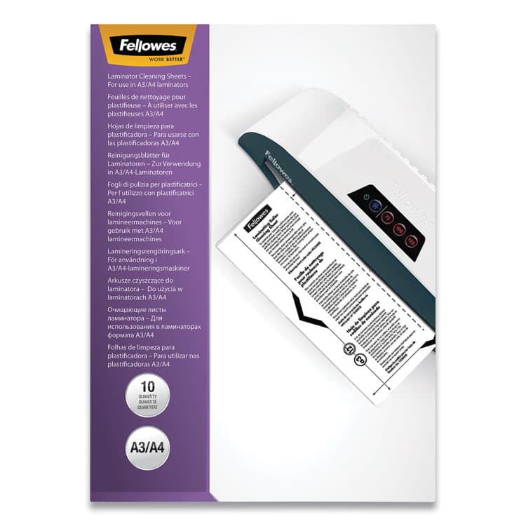 FELLOWES MFG. CO. Laminator Cleaning Sheets, 3 to 10 mil, 8.5" x 11", White, 10/Pack (FEL5320603)