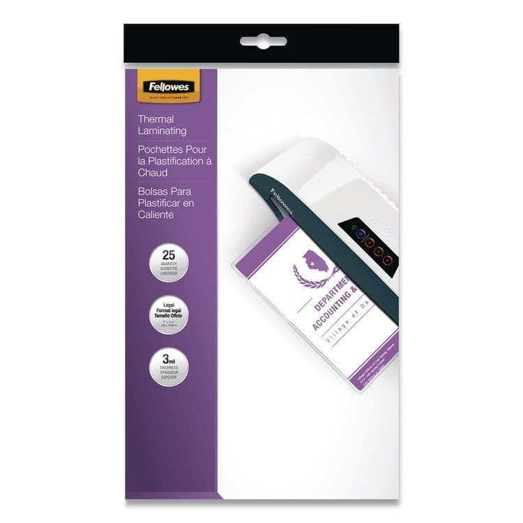 FELLOWES MFG. CO. Laminating Pouches, 3 mil, 9" x 14.5", Gloss Clear, 25/Pack (FEL52006)