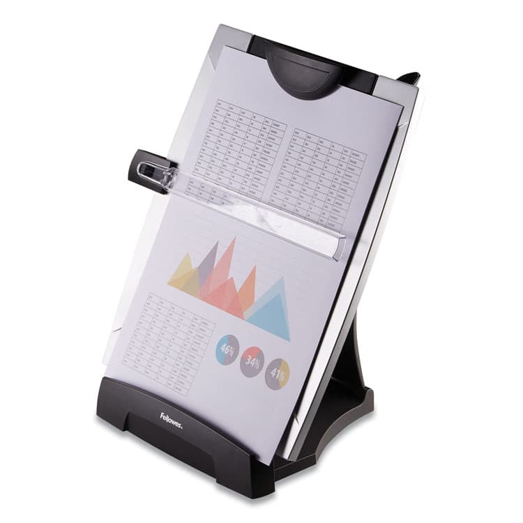 FELLOWES MFG. CO. Office Suites Desktop Copyholder with Memo Board, Holds Up to 150 Legal Size Sheets, Plastic, Black/Silver (FEL8033201)