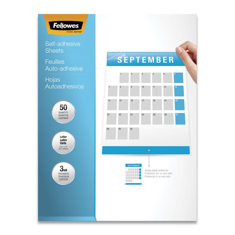 FELLOWES MFG. CO. Self-Adhesive Laminating Sheets, 3 mil, 9.25" x 12", Gloss Clear, 50/Box (FEL5221502)