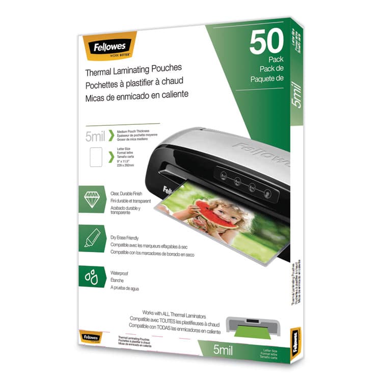 FELLOWES MFG. CO. Thermal Laminating Pouches, 5 mil, 9" x 11.5", Matte Clear, 50/Pack (FEL5744501)