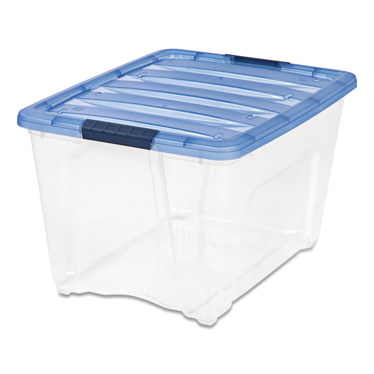 IRIS USA, Stack and Pull Latching Flat Lid Storage Box, 13.5 gal, 22" x 16.5" x 13.03", Clear/Translucent Blue (IRS100242)