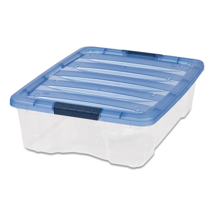 IRIS USA, Stack and Pull Latching Flat Lid Storage Box, 6.73 gal, 16.5" x 22" x 6.5", Clear/Translucent Blue (IRS100364)
