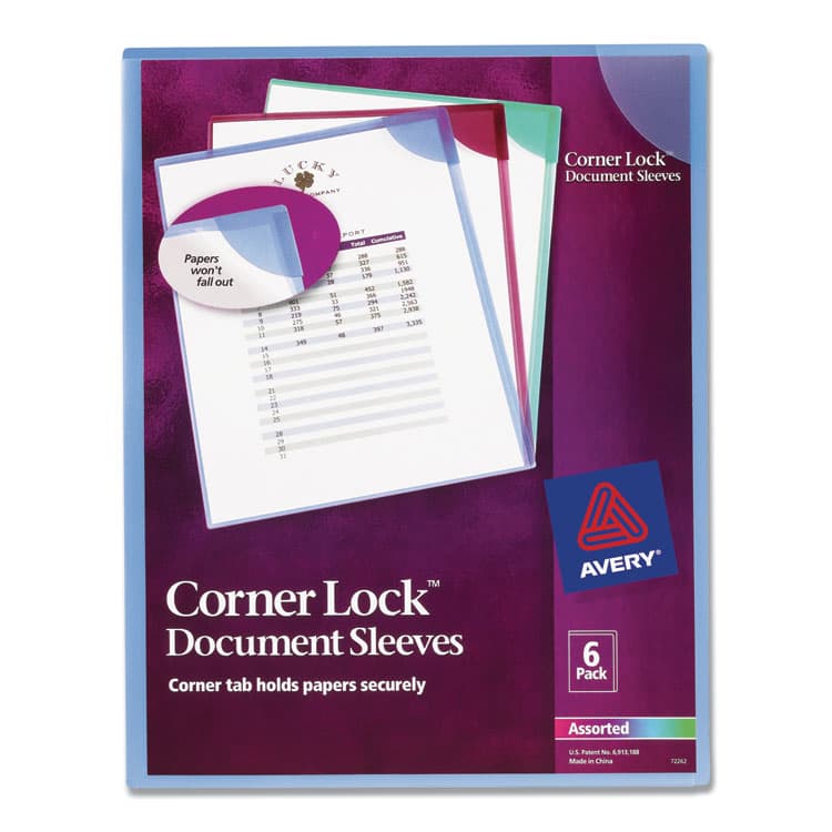 AVERY PRODUCTS CORPORATION Corner Lock Document Sleeves, Letter Size, Assorted Colors, 6/Pack (AVE72262)