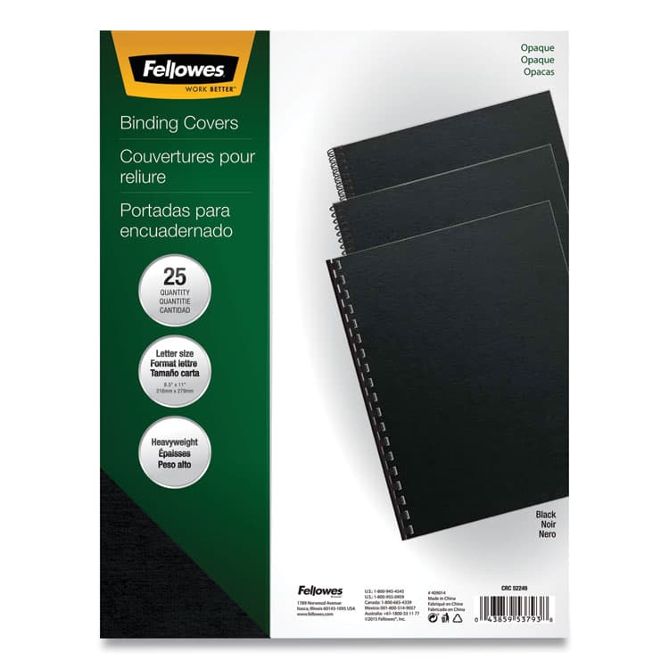 FELLOWES MFG. CO. Futura Presentation Covers for Binding Systems, Plastic, Square Corners, 11 x 8.5, Matte Black, 25/Pack (FEL5224901)