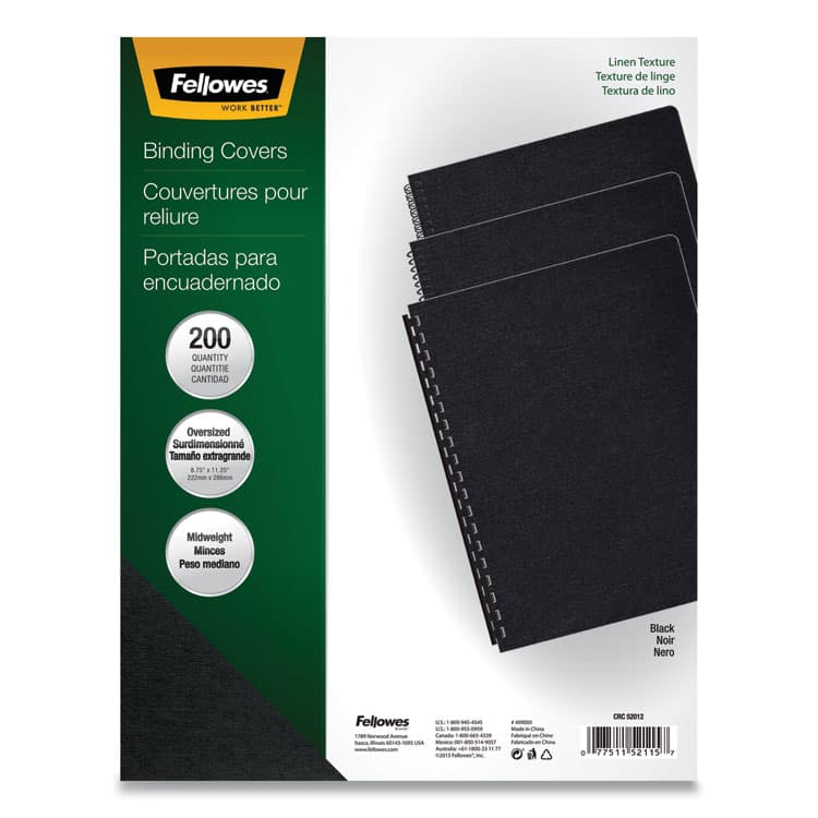 FELLOWES MFG. CO. Expressions Linen Texture Presentation Covers for Binding Systems, Paper, Round Corners, 11.25 x 8.75, Black, 200/Pack (FEL52115)