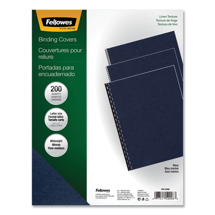 FELLOWES MFG. CO. Expressions Linen Texture Presentation Covers for Binding Systems, Paper, Square Corners, 11 x 8.5, Navy, 200/Pack (FEL52098)